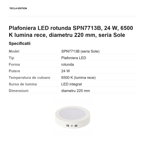 Plafoniera LED rotunda SPN7713B, 24 W, 6500 K lumina rece, diametru 220 mm, seria Sole [2]
