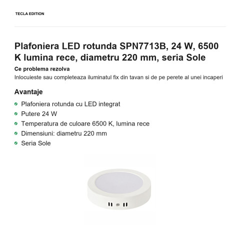 Plafoniera LED rotunda SPN7713B, 24 W, 6500 K lumina rece, diametru 220 mm, seria Sole [1]