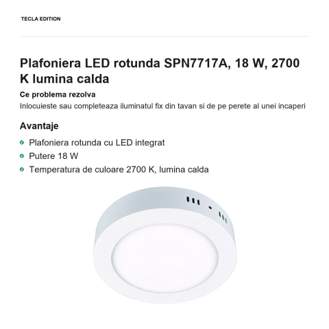 Plafoniera LED rotunda SPN7717A, 18 W, 2700 K lumina calda [1]