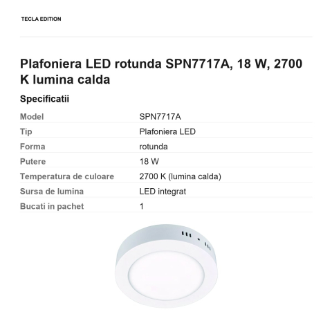 Plafoniera LED rotunda SPN7717A, 18 W, 2700 K lumina calda [2]