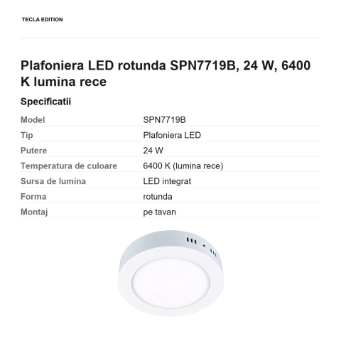 Plafoniera LED rotunda SPN7719B, 24 W, 6400 K lumina rece [2]