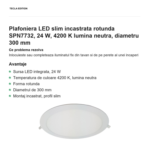 Plafoniera LED slim incastrata rotunda SPN7732, 24 W, 4200 K lumina neutra, diametru 300 mm [1]