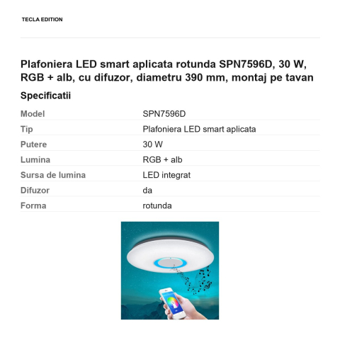 Plafoniera LED smart aplicata rotunda SPN7596D, 30 W, RGB + alb, cu difuzor, diametru 390 mm, montaj pe tavan [2]