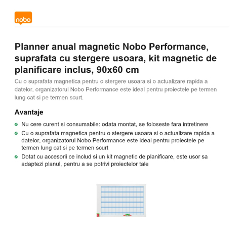 Planner anual magnetic Nobo Performance, suprafata cu stergere usoara, kit magnetic de planificare inclus, 90x60 cm [1]