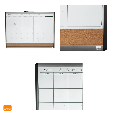 Planner lunar magnetic Nobo cu banda din pluta pentru notite, rama negru cu argintiu, marker si burete incluse, 58.5x43 cm, negru [3]