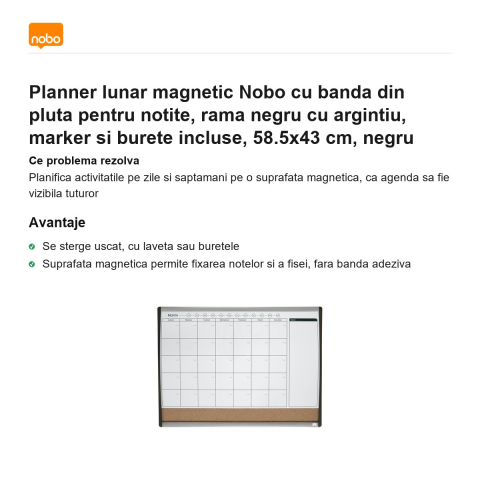 Planner lunar magnetic Nobo cu banda din pluta pentru notite, rama negru cu argintiu, marker si burete incluse, 58.5x43 cm, negru [1]
