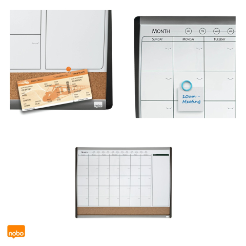 Planner lunar magnetic Nobo cu banda din pluta pentru notite, rama negru cu argintiu, marker si burete incluse, 58.5x43 cm, negru [4]