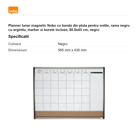 Planner lunar magnetic Nobo cu banda din pluta pentru notite, rama negru cu argintiu, marker si burete incluse, 58.5x43 cm, negru [2]