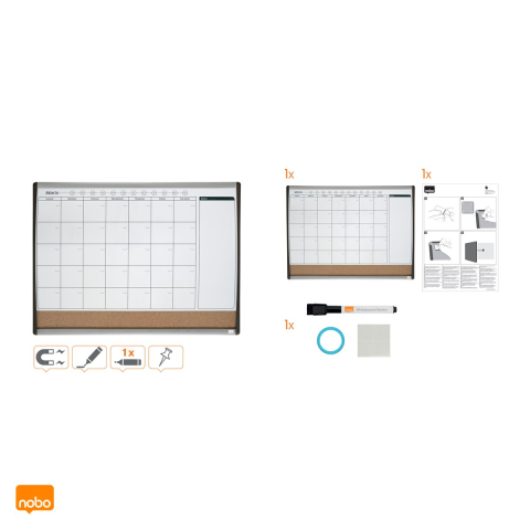 Planner lunar magnetic Nobo cu banda din pluta pentru notite, rama negru cu argintiu, marker si burete incluse, 58.5x43 cm, negru [5]