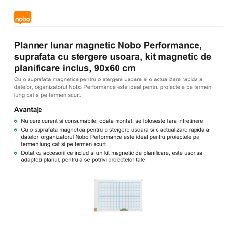 Planner lunar magnetic Nobo Performance, suprafata cu stergere usoara, kit magnetic de planificare inclus, 90x60 cm [1]