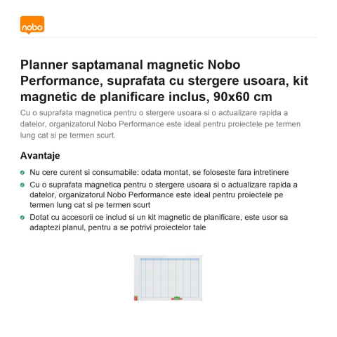 Planner saptamanal magnetic Nobo Performance, suprafata cu stergere usoara, kit magnetic de planificare inclus, 90x60 cm [1]