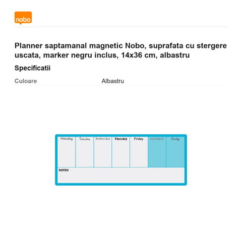 Planner saptamanal magnetic Nobo, suprafata cu stergere uscata, marker negru inclus, 14x36 cm, albastru [2]