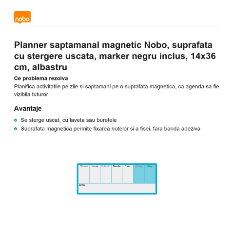 Planner saptamanal magnetic Nobo, suprafata cu stergere uscata, marker negru inclus, 14x36 cm, albastru [1]
