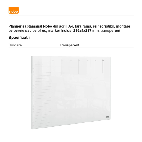 Planner saptamanal Nobo din acril, A4, fara rama, reinscriptibil, montare pe perete sau pe birou, marker inclus, 210x8x297 mm, transparent [2]