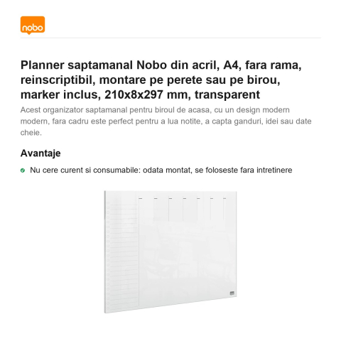 Planner saptamanal Nobo din acril, A4, fara rama, reinscriptibil, montare pe perete sau pe birou, marker inclus, 210x8x297 mm, transparent [1]