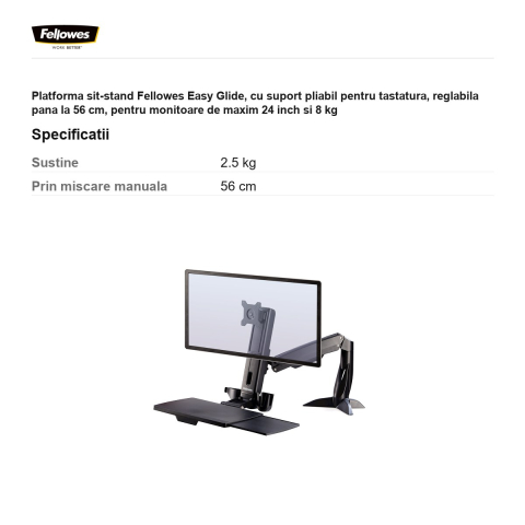 Platforma sit-stand Fellowes Easy Glide, cu suport pliabil pentru tastatura, reglabila pana la 56 cm, pentru monitoare de maxim 24 inch si 8 kg [2]