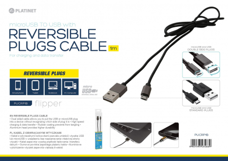 Cablu USB- microUSB reversible plugs, 1 m, negru [3]