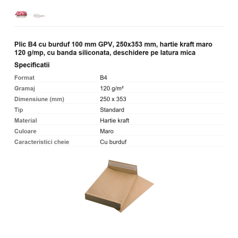 Plic B4 cu burduf 100 mm GPV, 250x353 mm, hartie kraft maro 120 g/mp, cu banda siliconata, deschidere pe latura mica [2]