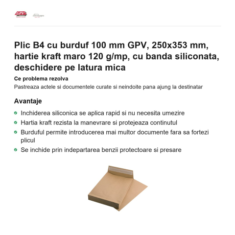 Plic B4 cu burduf 100 mm GPV, 250x353 mm, hartie kraft maro 120 g/mp, cu banda siliconata, deschidere pe latura mica [1]