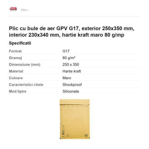 Plic cu bule de aer GPV G17, exterior 250x350 mm, interior 230x340 mm, hartie kraft maro 80 g/mp [2]