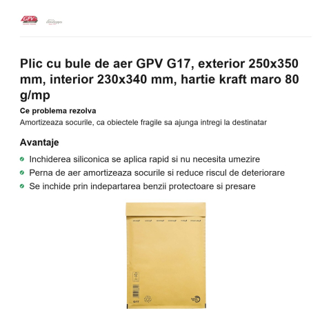 Plic cu bule de aer GPV G17, exterior 250x350 mm, interior 230x340 mm, hartie kraft maro 80 g/mp [1]