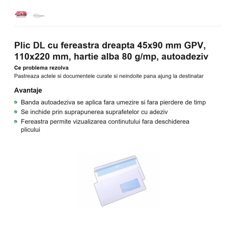 Plic DL cu fereastra dreapta 45x90 mm GPV, 110x220 mm, hartie alba 80 g/mp, autoadeziv [1]