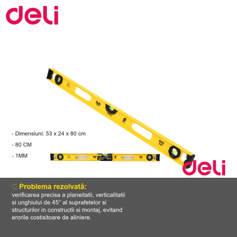 Poloboc metal 80 cm Deli, 3 bule de verificare, precizie 1 mm/m, pentru constructii si montaj [1]