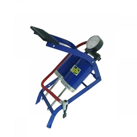 Sport si activitati sportive - Pompa aer, de picior, cu doua pistoane, cu manometru pana la 7 bari, furtun 50 cm, metalica, albastra
