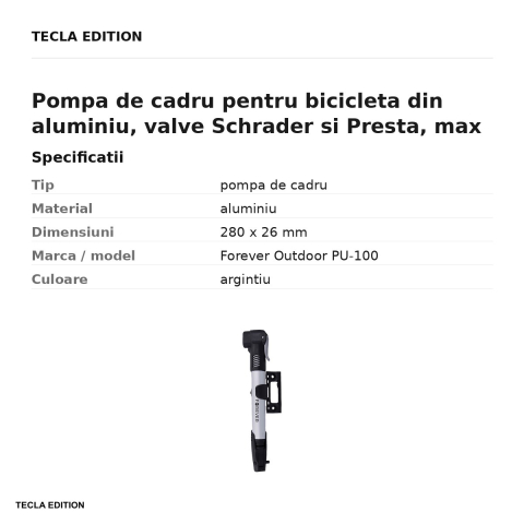 Pompa de cadru pentru bicicleta din aluminiu, valve Schrader si Presta, max 70 PSI, Forever Outdoor PU-100, argintie [2]
