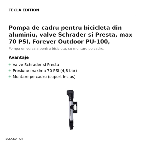 Pompa de cadru pentru bicicleta din aluminiu, valve Schrader si Presta, max 70 PSI, Forever Outdoor PU-100, argintie [1]