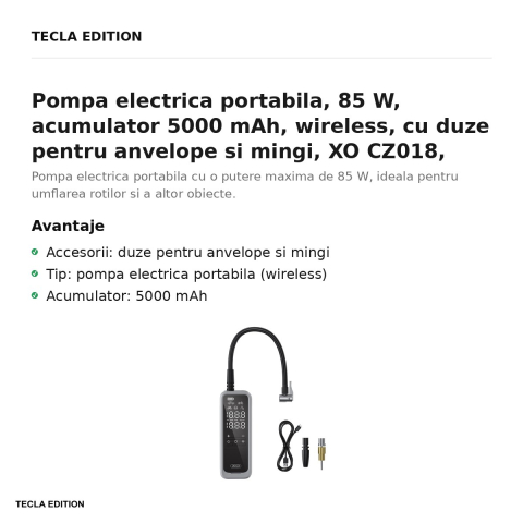 Pompa electrica portabila, 85 W, acumulator 5000 mAh, wireless, cu duze pentru anvelope si mingi, XO CZ018, neagra [1]