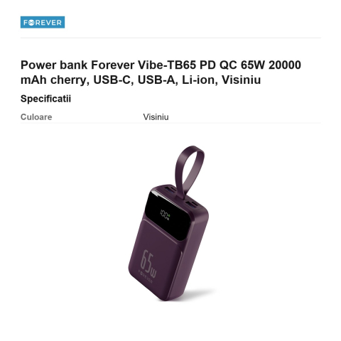 Power bank Forever Vibe-TB65 PD QC 65W 20000 mAh cherry, USB-C, USB-A, Li-ion, Visiniu [2]