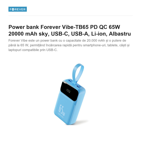 Power bank Forever Vibe-TB65 PD QC 65W 20000 mAh sky, USB-C, USB-A, Li-ion, Albastru [1]