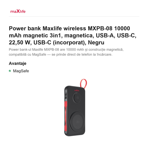 Power bank Maxlife wireless MXPB-08 10000 mAh magnetic 3in1, magnetica, USB-A, USB-C, 22,50 W, USB-C (incorporat), Negru [1]