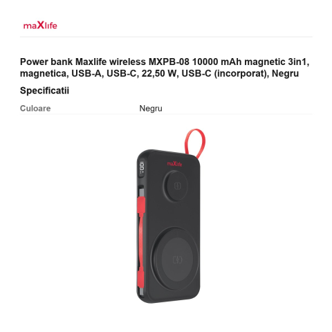 Power bank Maxlife wireless MXPB-08 10000 mAh magnetic 3in1, magnetica, USB-A, USB-C, 22,50 W, USB-C (incorporat), Negru [2]