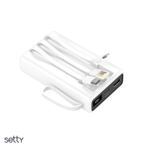 Baterii Power Bank - Power bank Setty 10000 mAh cables SPB-LC-210, Lightning, USB-A, USB-C, intrare 12, Lightning: 5,0 V/2,0 A (10,0 W), 22,50 W, Li-Poly, 5 V / 9 V / 10 V / 12 V, Alb