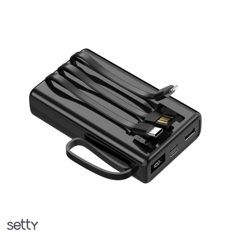 Baterii Power Bank - Power bank Setty 10000 mAh cables SPB-LC-210, Lightning, USB-A, USB-C, intrare 12, Lightning: 5,0 V/2,0 A (10,0 W), 22,50 W, Li-Poly, 5 V / 9 V / 10 V / 12 V, Negru