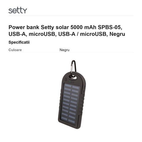 Power bank Setty solar 5000 mAh SPBS-05, USB-A, microUSB, USB-A / microUSB, Negru [2]