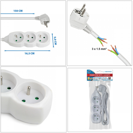 Prelungitor cu 3 prize si cablu cu lungime de 1.5m, 250V, 16A, sarcina maxima 3680W, cu impamantare si protectie copii, ES-96151, alb [5]