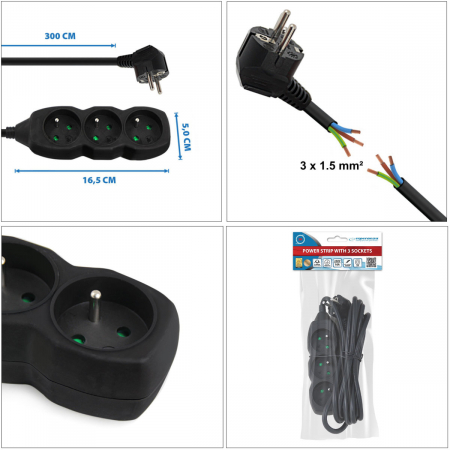 Prelungitor cu 3 prize si cablu cu lungime de 3m, 250V, 16A, sarcina maxima 3680W, cu impamantare si protectie copii, ES-96153, negru [5]