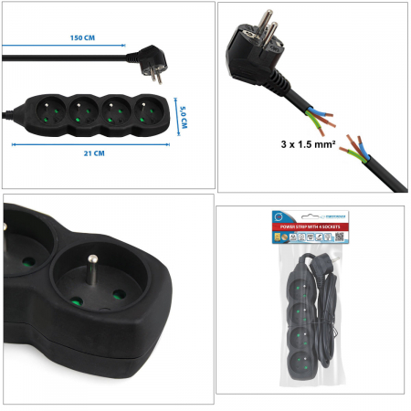 Prelungitor cu 4 prize si cablu cu lungime de 1.5m, 250V, 16A, sarcina maxima 3680W, cu impamantare si protectie copii, ES-96159, negru [5]