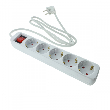 Alimentare retea - Prelungitor cu 5 prize schuko, Lanberg 42916, cu intrerupator, lungime 1,5 m, 2300W, contact de protectie, alb