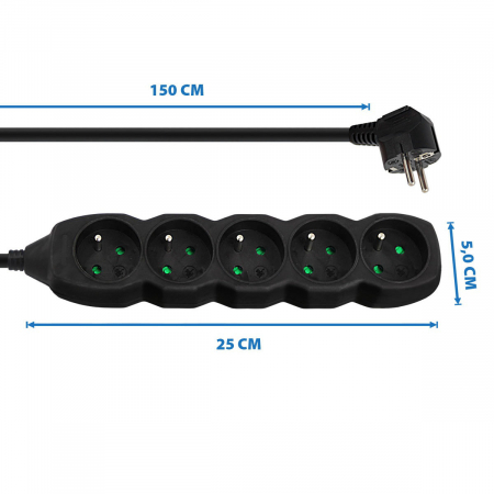 Prelungitor cu 5 prize si cablu cu lungime de 1.5m, 250V, 16A, sarcina maxima 3680W, cu impamantare si protectie copii, ES-996167, negru [1]