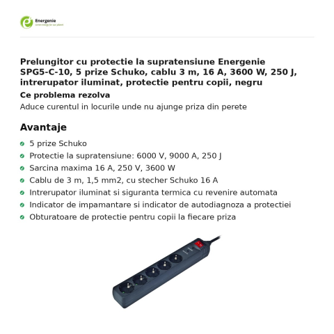 Prelungitor cu protectie la supratensiune Energenie SPG5-C-10, 5 prize Schuko, cablu 3 m, 16 A, 3600 W, 250 J, intrerupator iluminat, protectie pentru copii, negru [1]