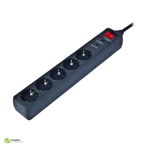 Prize electrice - Prelungitor cu protectie la supratensiune Energenie SPG5-C-10, 5 prize Schuko, cablu 3 m, 16 A, 3600 W, 250 J, intrerupator iluminat, protectie pentru copii, negru