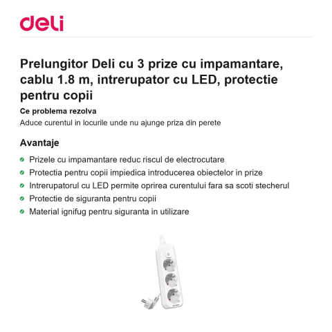 Prelungitor Deli cu 3 prize cu impamantare, cablu 1.8 m, intrerupator cu LED, protectie pentru copii [1]