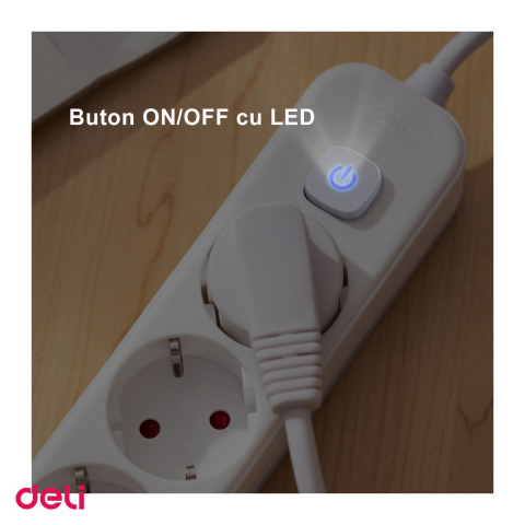 Prelungitor Deli cu 3 prize cu impamantare, cablu 1.8 m, intrerupator cu LED, protectie pentru copii [4]