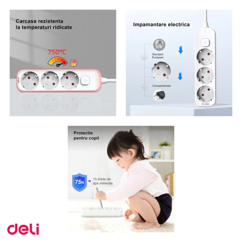 Prelungitor Deli cu 3 prize cu impamantare, cablu 3 m, intrerupator cu LED, protectie pentru copii [3]