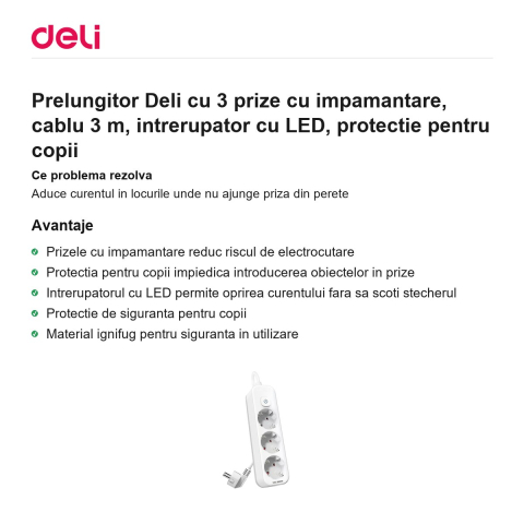 Prelungitor Deli cu 3 prize cu impamantare, cablu 3 m, intrerupator cu LED, protectie pentru copii [1]