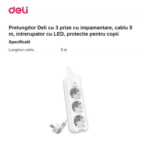 Prelungitor Deli cu 3 prize cu impamantare, cablu 5 m, intrerupator cu LED, protectie pentru copii [2]